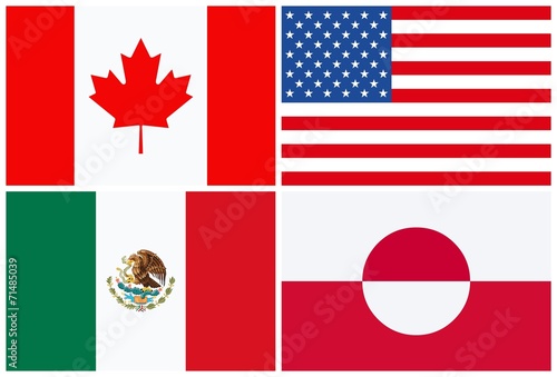 North American flags, Canada, USA, Mexico, Groenland