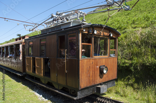 La Rhune cog train. Antique wooden train in France