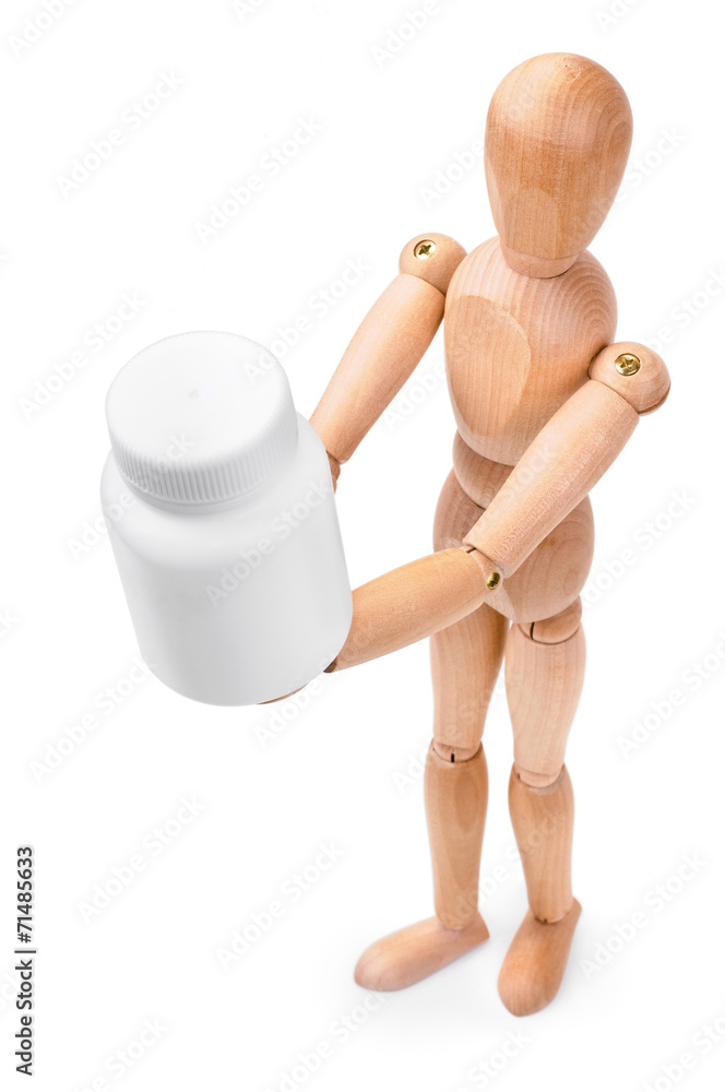 Wooden man hold a medical container Wooden man hold a medical container