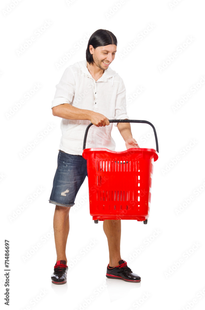 Man shopping with supermarket basket cart isolated on white Man shopping with supermarket basket cart isolated on white