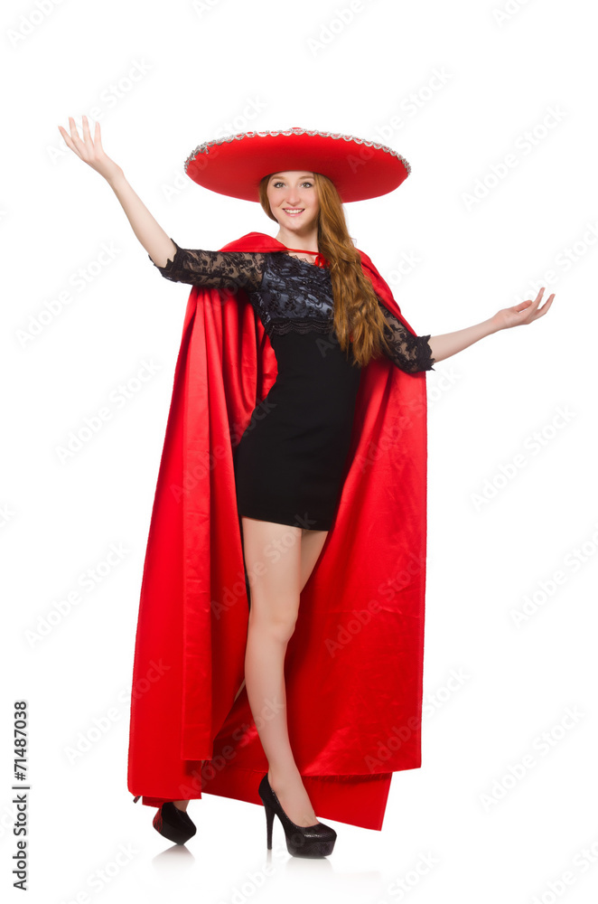 Mexican woman in red clothing on white
