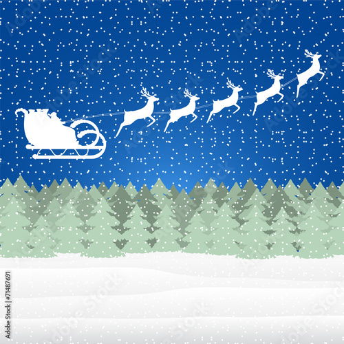 Santa Claus riding on a reindeer in the Christmas forest