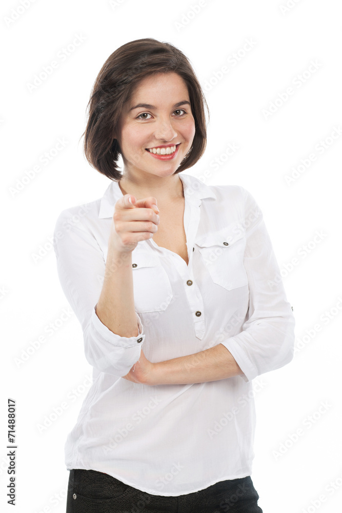 Woman pointing to the front Woman pointing to the front