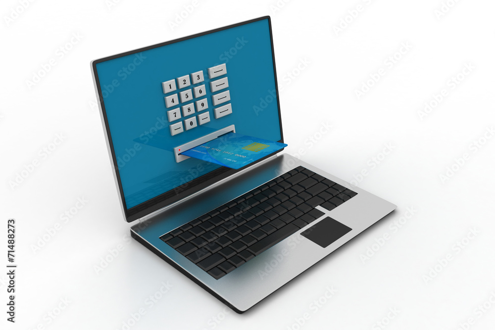 Laptop computer with a credit card, online payment concept Laptop computer with a credit card, online payment concept