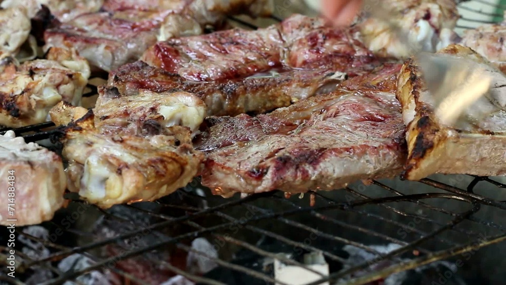 Outdoor Cooking - Meat Cooking on an Open Fire Outdoor Cooking - Meat Cooking on an Open Fire