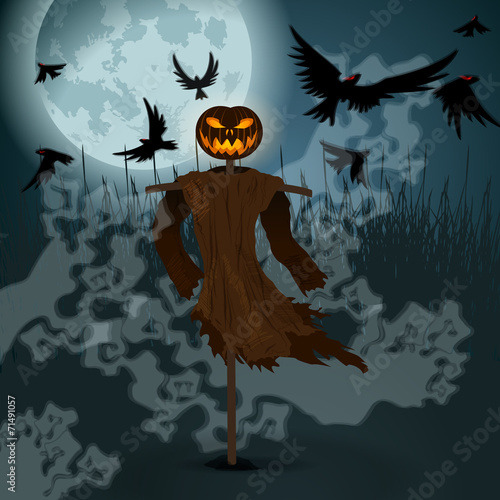 Halloween illustration with evil scarecrow, full Moon and crows