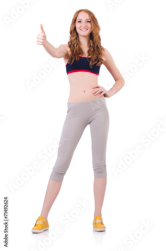 Young woman doing exercises on white