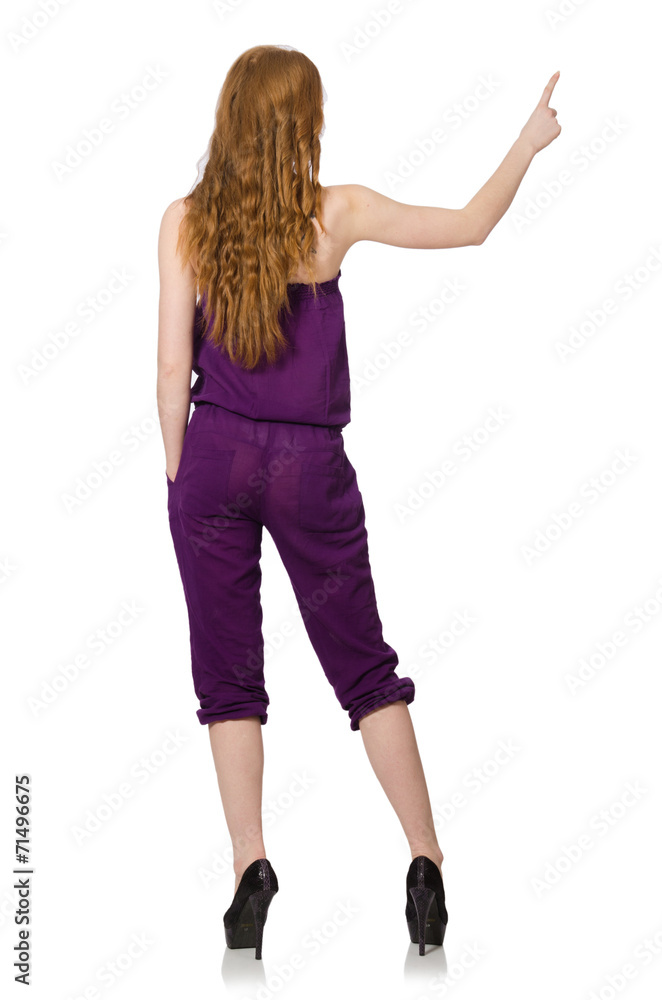 Woman pressing virtual button isolated on white Woman pressing virtual button isolated on white