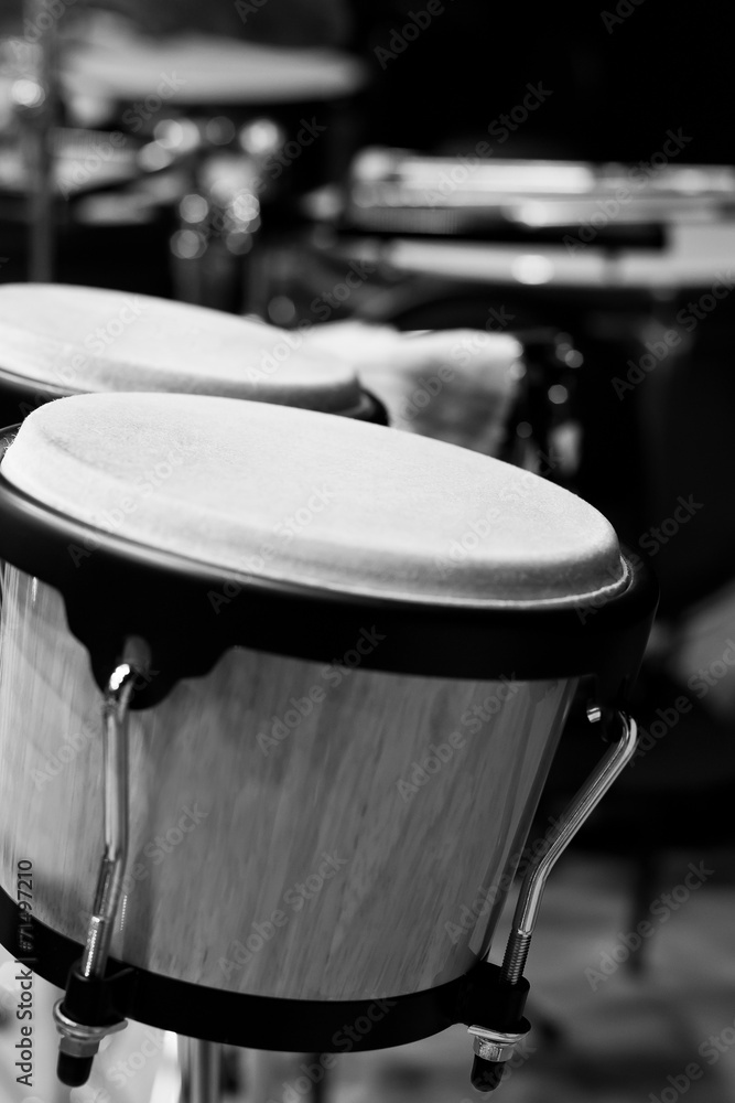 Fototapeta premium Bongos on the stage closeup in black and white