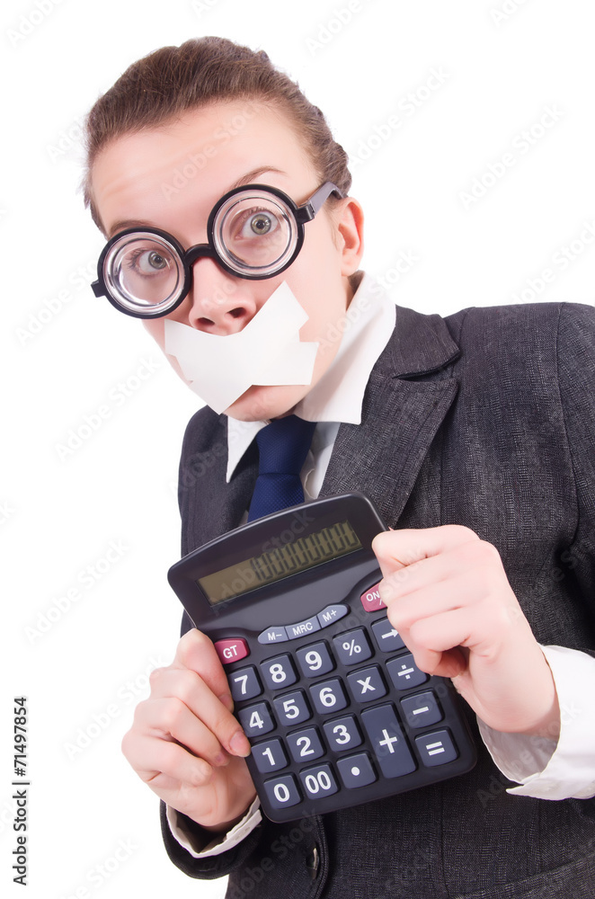 Woman with calculator in fraud concept isolated on white Woman with calculator in fraud concept isolated on white