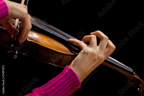 Girl's hand on the strings of a violin photo