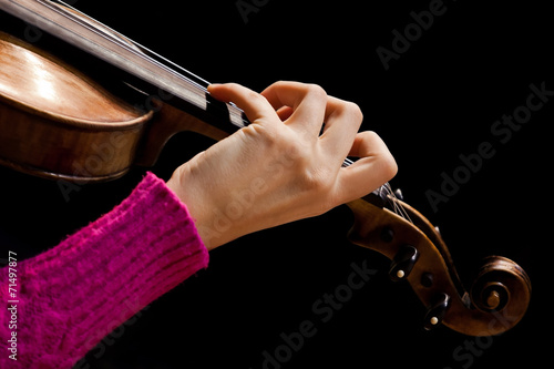 Girl's hand on the strings of a violin
