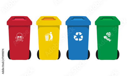many color wheelie bins set with waste icon