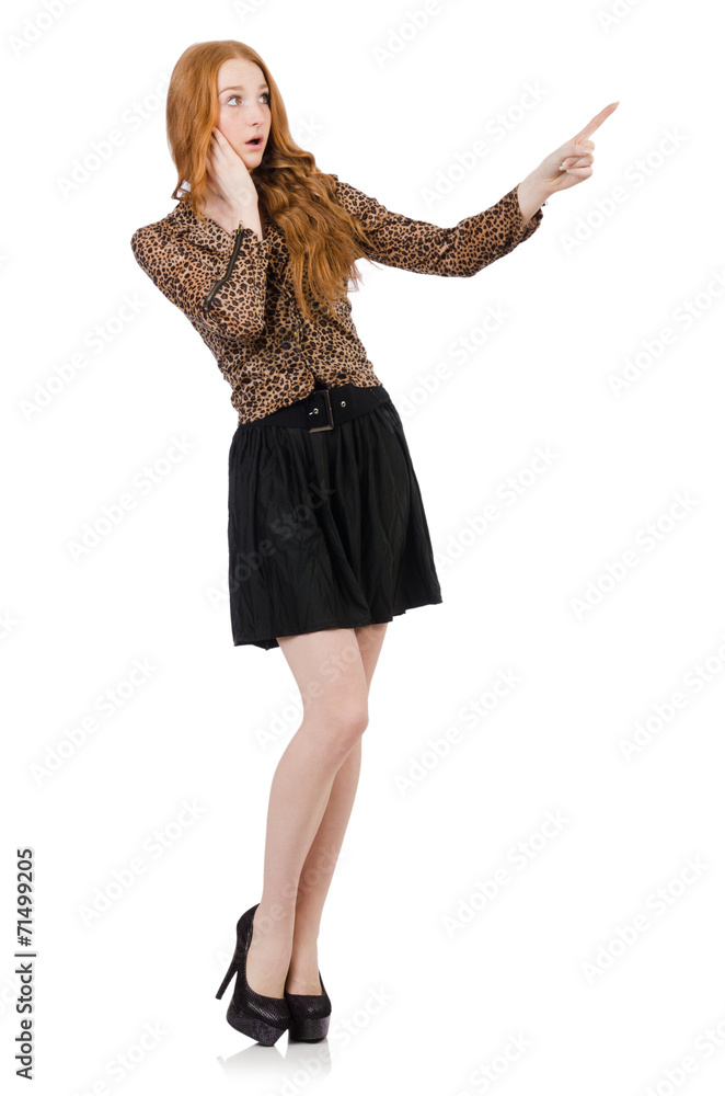 Woman pressing virtual button isolated on white Woman pressing virtual button isolated on white