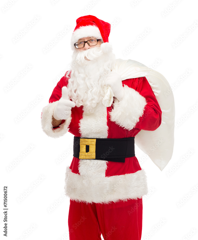 man in costume of santa claus with bag