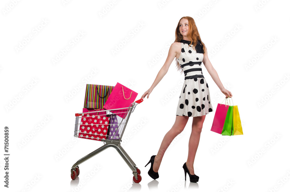 Woman after shopping in the supermarket isolated on white Woman after shopping in the supermarket isolated on white