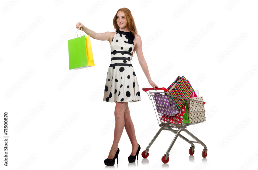 Woman after shopping in the supermarket isolated on white Woman after shopping in the supermarket isolated on white