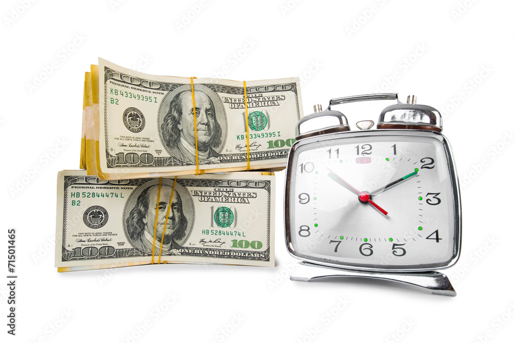 Time is money concept with clock and dollars Time is money concept with clock and dollars