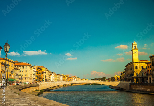 View of old street and river Arno in Pisa city, Italy