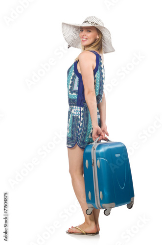 Woman preparing for summer vacation on white