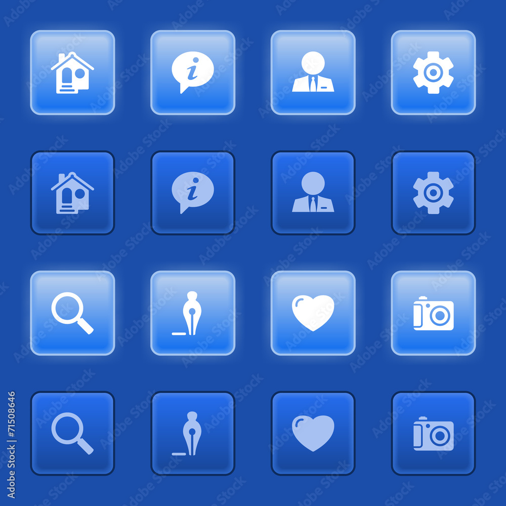 Basic icons for web on blue buttons. Basic icons for web on blue buttons.