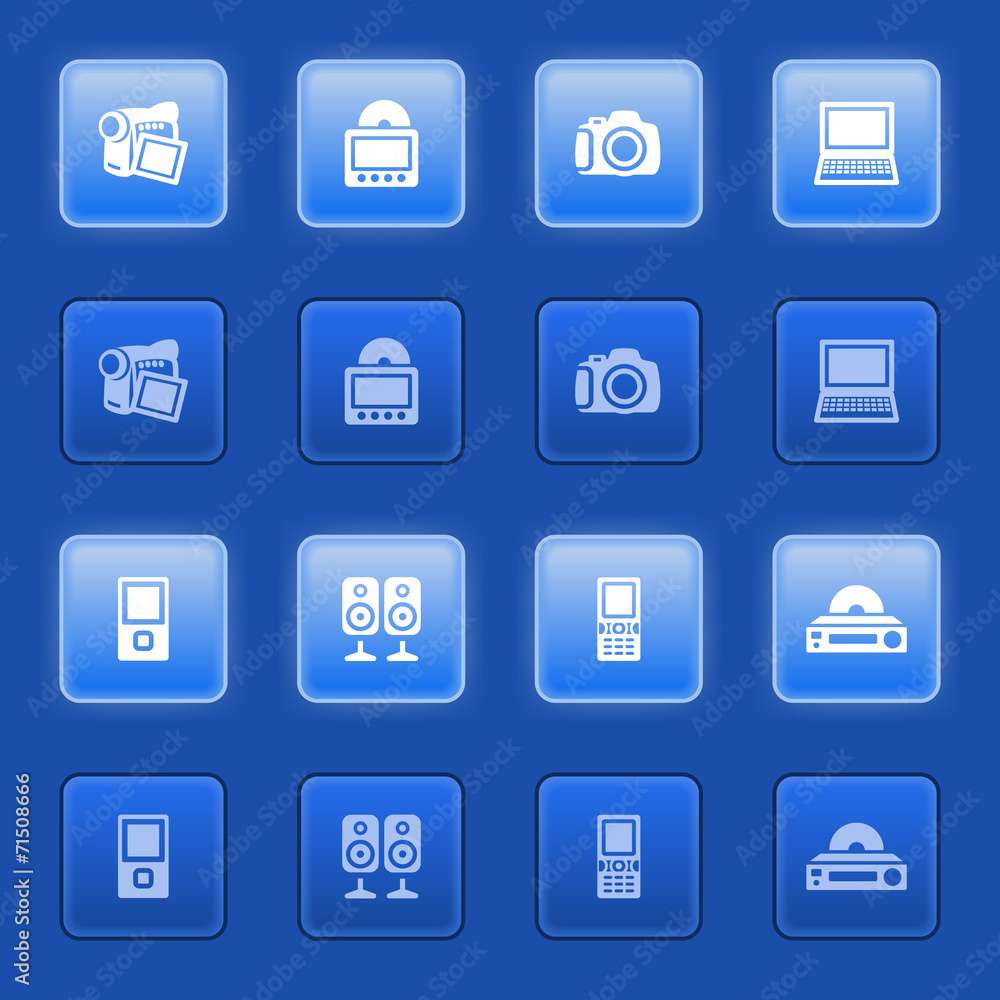 Electronics icons for web on blue buttons. Electronics icons for web on blue buttons.