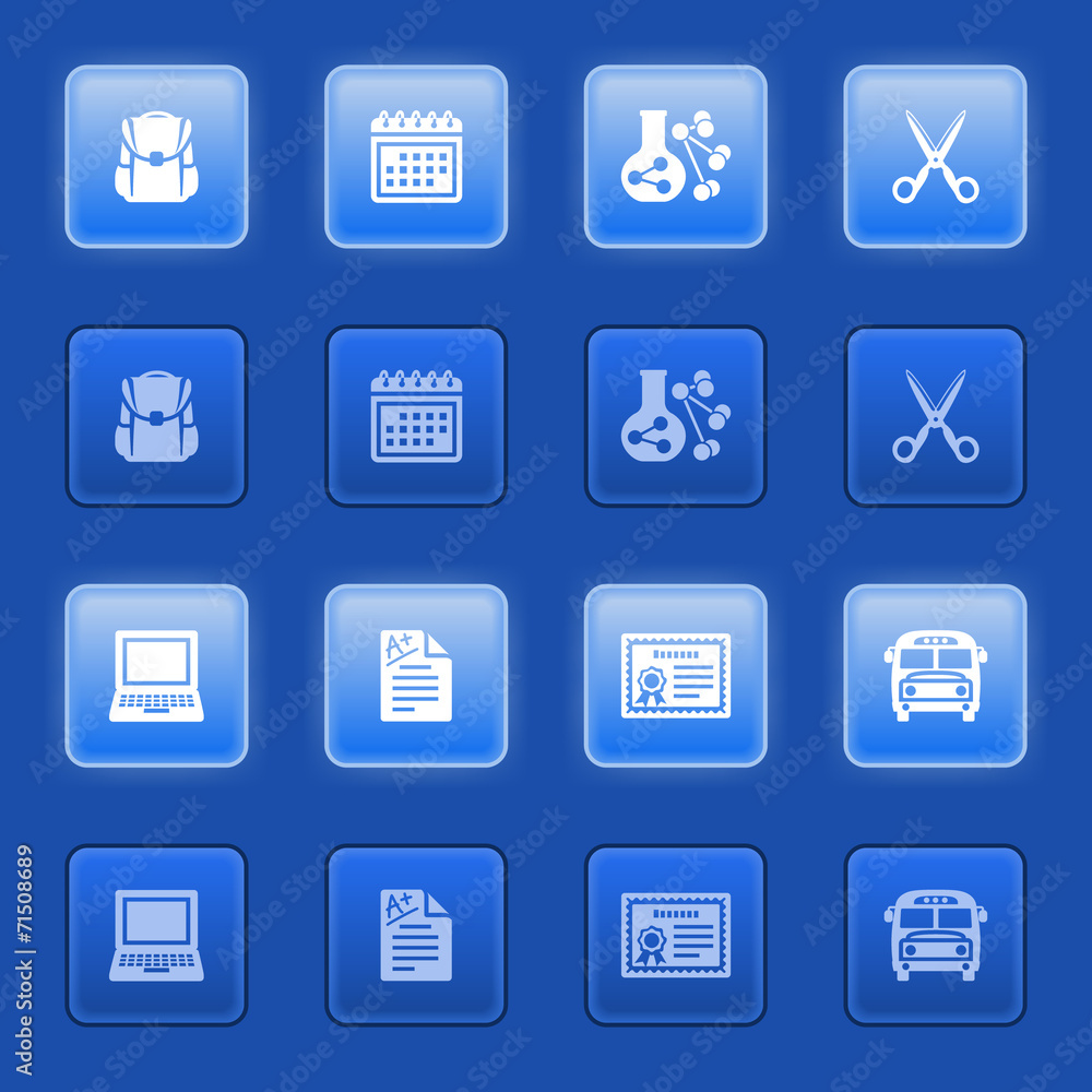 Education icons for web on blue buttons.