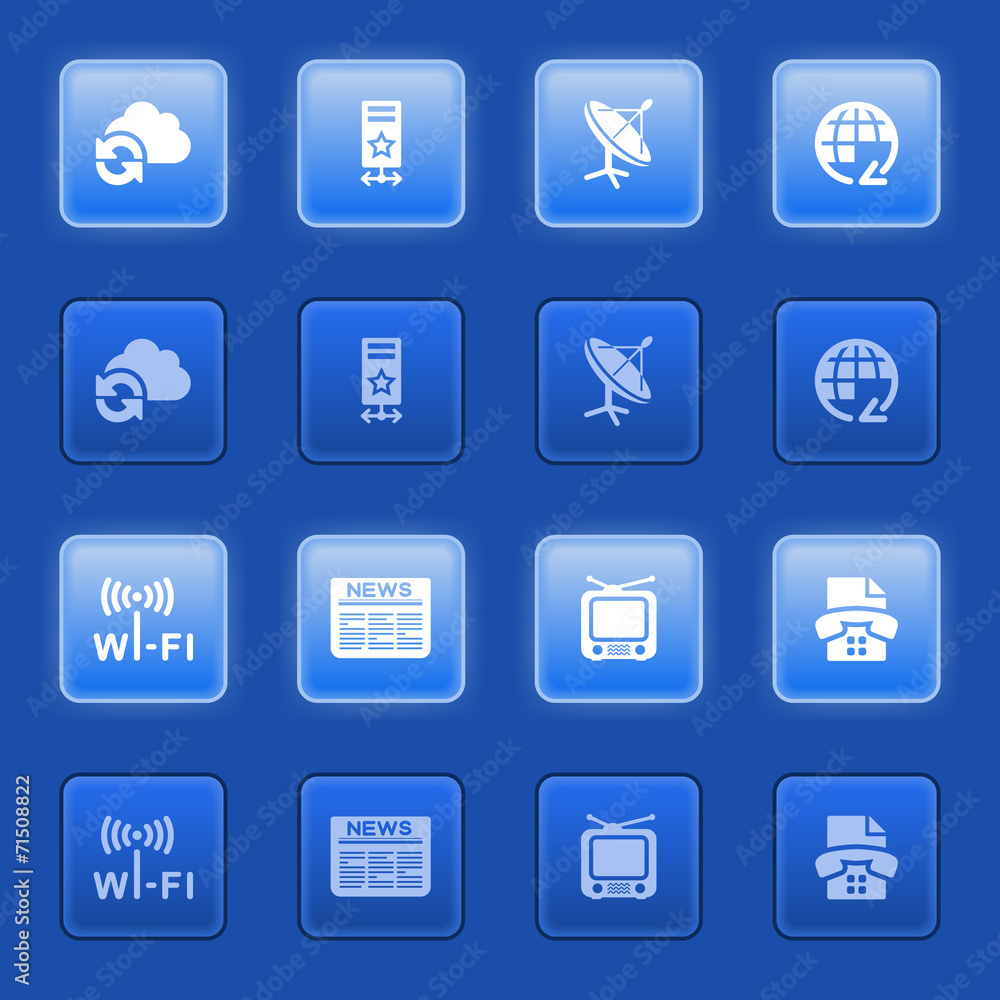 Communication icons for web on blue buttons. Communication icons for web on blue buttons.