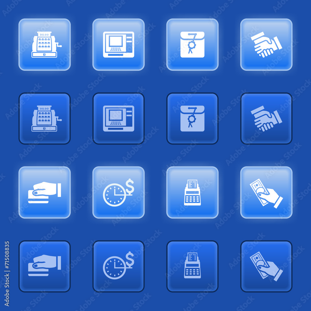 Business icons for web on blue buttons. Business icons for web on blue buttons.