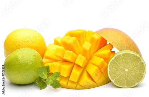 Slice of mango and other fruits on white background