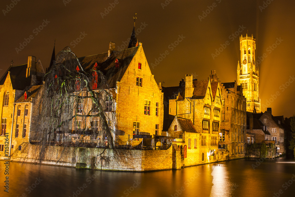 Night view of Bruges canal