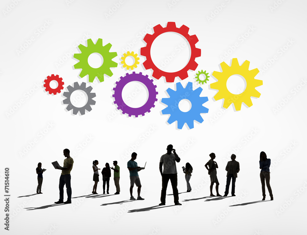 Silhouettes of People Working and Gears Above Silhouettes of People Working and Gears Above