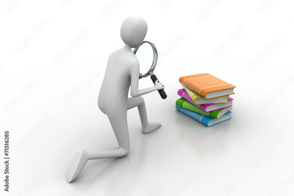 3d man searching books through the magnifier 3d man searching books through the magnifier