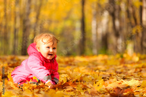 cute little girl in autumn leaves