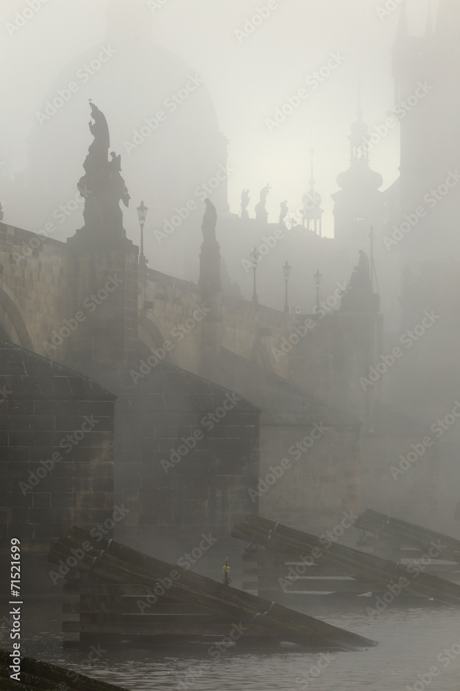 Foggy autumn Prague Old Town with Charles Bridge, Czech Republic