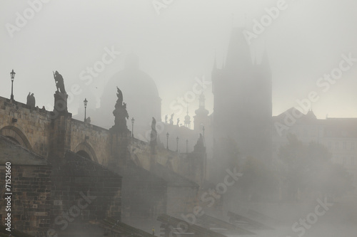 Foggy autumn Prague Old Town with Charles Bridge  Czech Republic