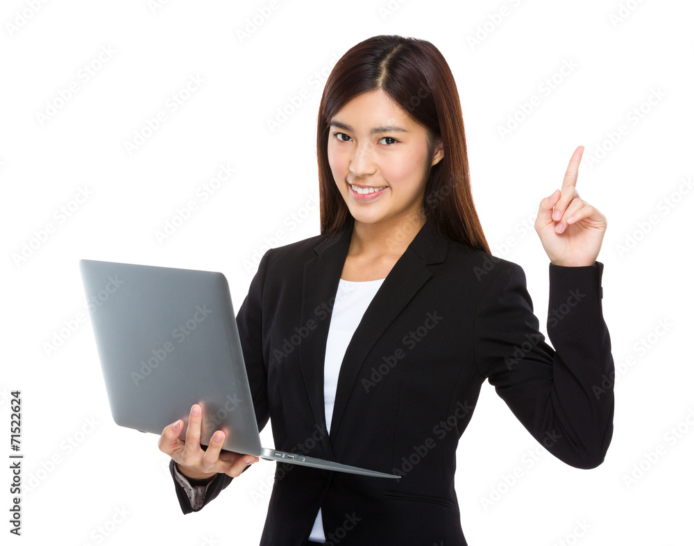 Businesswoman use notebook and finger up Businesswoman use notebook and finger up