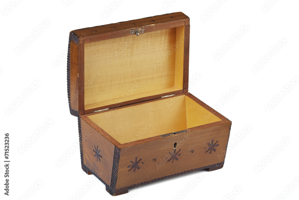 old scratched wooden casket with an ornament on a white backgrou old scratched wooden casket with an ornament on a white backgrou