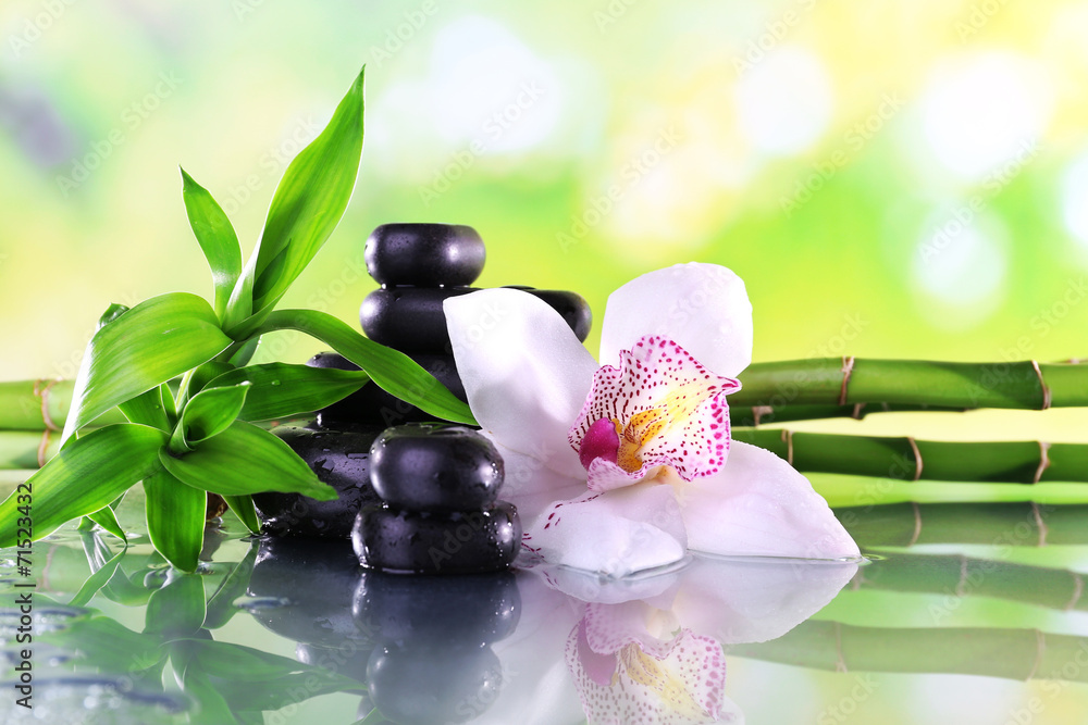Spa stones, bamboo branches and white orchid - obrazy, fototapety, plakaty 