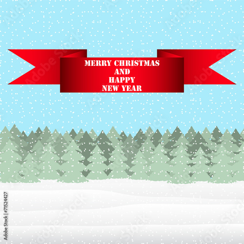 Red ribbon with a congratulation on a background of a  landscape