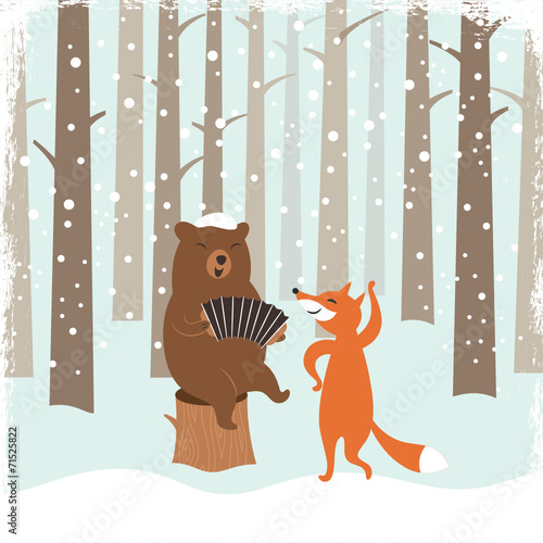 Greeting Christmas card, a bear and a cute fox