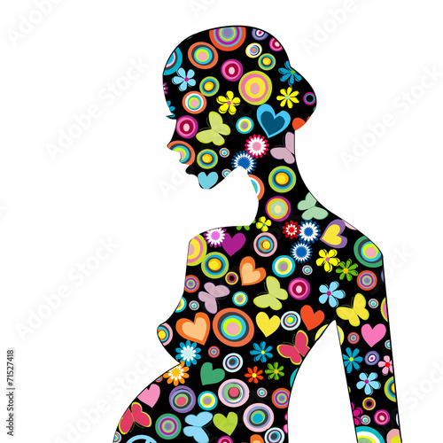 Beautiful pregnant woman profile patterned with flowers