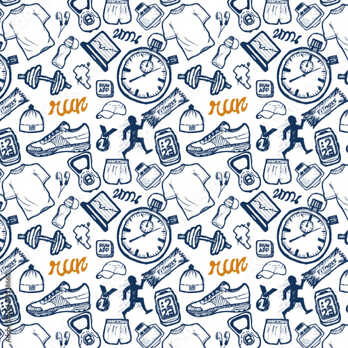 Run icons seamless pattern set in doodle style, hand drawing