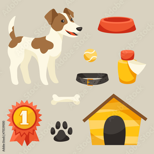 Set of icons and objects with cute dog.