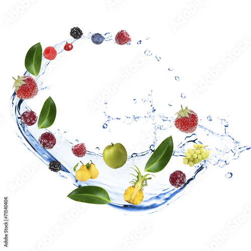 Fresh fruit  berries and green leaves with water splash 