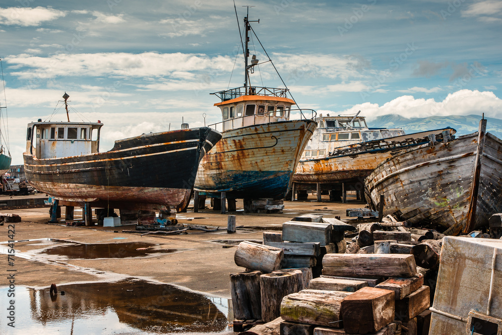 Rusty old boats on boatyard of Madalena-Pico-Azores
