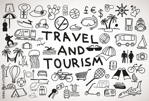 Travel and tourism hand drawn icons and doodles