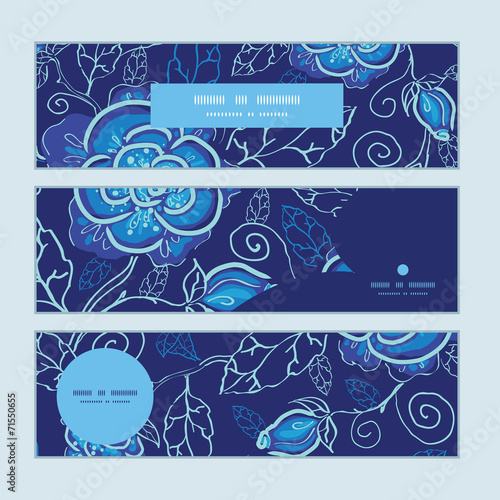 Vector blue night flowers horizontal banners set pattern