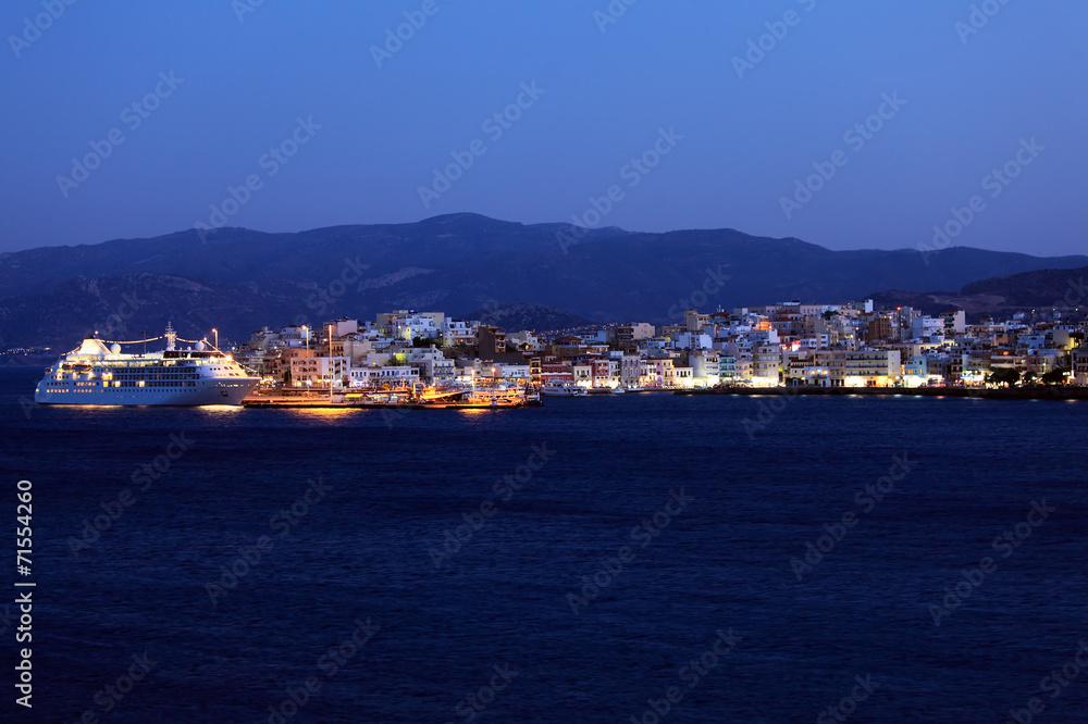 Agios Nikolaos City and Cruse Ship at Night, Crete, Greece
