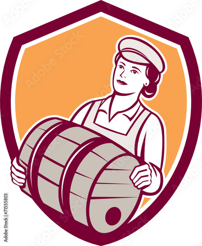 Female Bartender Carrying Keg Shield Retro